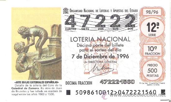 Nationale spanische Lotterie: 1 DECIMO LOTERIA DEL SABADO - 7 DICIEMBRE 1996 - 98/96 - SILLERIA DEL CORO - CATEDRAL DE ZAMORA