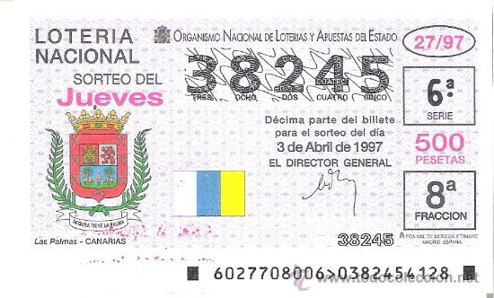 National Spanish Lottery: 1 DECIMO LOTERIA DEL JUEVES - 3 ABRIL 1997 - 27/97 - ESCUDOS CIUDADES - LAS PALMAS ( ISLAS CANARIAS