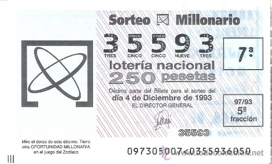 Nationale spanische Lotterie: 1 DECIMO LOTERIA DEL JUEVES - 4 DICIEMBRE 1993 - 97/93 - SORTEO MILLONARIO - ZODIACO