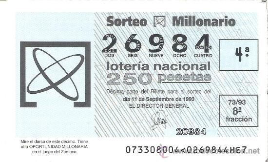 Nationale spanische Lotterie: 1 DECIMO LOTERIA DEL JUEVES - 11 SEPTIEMBRE 1993 - 73/93 - SORTEO MILLONARIO - ZODIACO