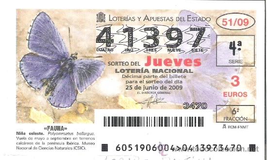 Lotaria Nacional: 1 DECIMO LOTERIA DEL JUEVES - 25 JUNIO 2009 - 51/09 - FAUNA - MARIPOSAS - MARIPOSA NI&Ntilde;A CELESTE