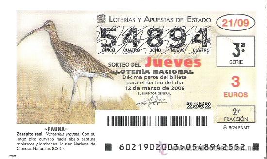 Loterie Nationale: 1 DECIMO LOTERIA DEL JUEVES - 12 MARZO 2009 - 21/09 - FAUNA - AVES - ZARAPITO REAL