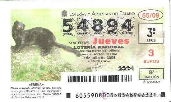 National Spanish Lottery: 1 DECIMO LOTERIA DEL JUEVES - 9 JULIO 2009 - 55/09 - FAUNA - VISON EUROPEO
