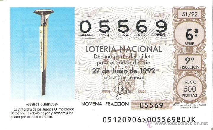 Lotaria Nacional: 1 DECIMO LOTERIA DEL SABADO - 27 JUNIO 1992 - 51/92 ANTORCHA OLIMPICA JUEGOS OLIMPICOS BARCELONA 92