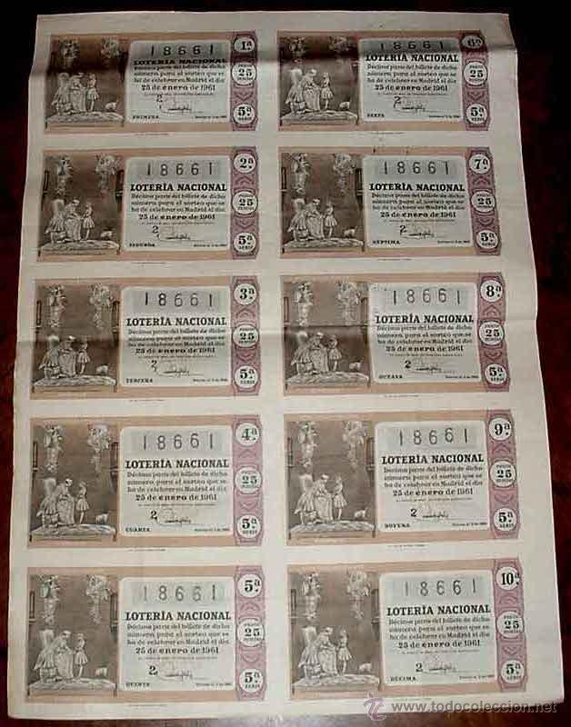 Lotteria Nationale Spagnola: ANTIGUO BILLETE DE LA LOTERIA NACIONAL SORTEO DE 25 DE ENERO DE 1961 CON 10 DECIMOS - MIDE 51 X 36 C