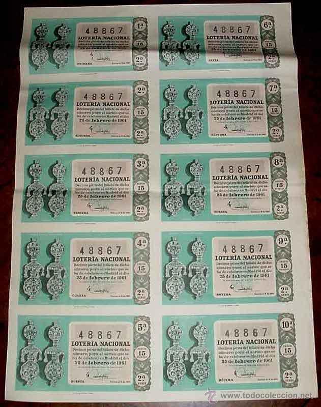 Lotaria Nacional: ANTIGUO BILLETE DE LA LOTERIA NACIONAL SORTEO DE 25 DE FEBRERO DE 1961 CON 10 DECIMOS - MIDE 51 X 36