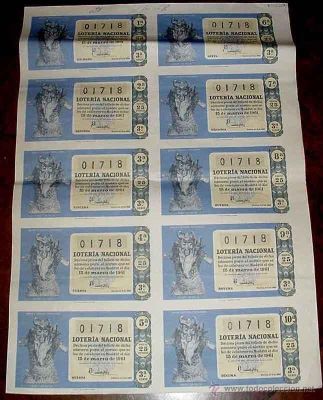 Lotteria Nationale Spagnola: ANTIGUO BILLETE DE LA LOTERIA NACIONAL SORTEO DE 15 DE MARZO DE 1961 CON 10 DECIMOS - MIDE 51 X 36 C
