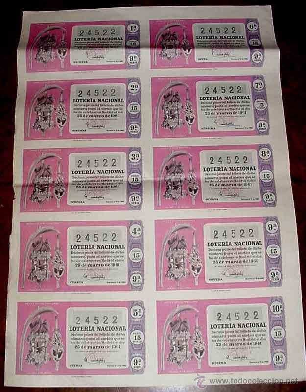 Lotaria Nacional: ANTIGUO BILLETE DE LA LOTERIA NACIONAL SORTEO DE 25 DE MARZO DE 1961 CON 10 DECIMOS - MIDE 51 X 36 C