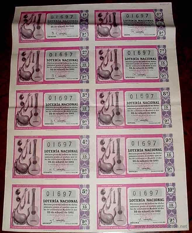Lotteria Nationale Spagnola: ANTIGUO BILLETE DE LA LOTERIA NACIONAL SORTEO DE 25 DE ABRIL DE 1961 CON 10 DECIMOS - MIDE 51 X 36 C