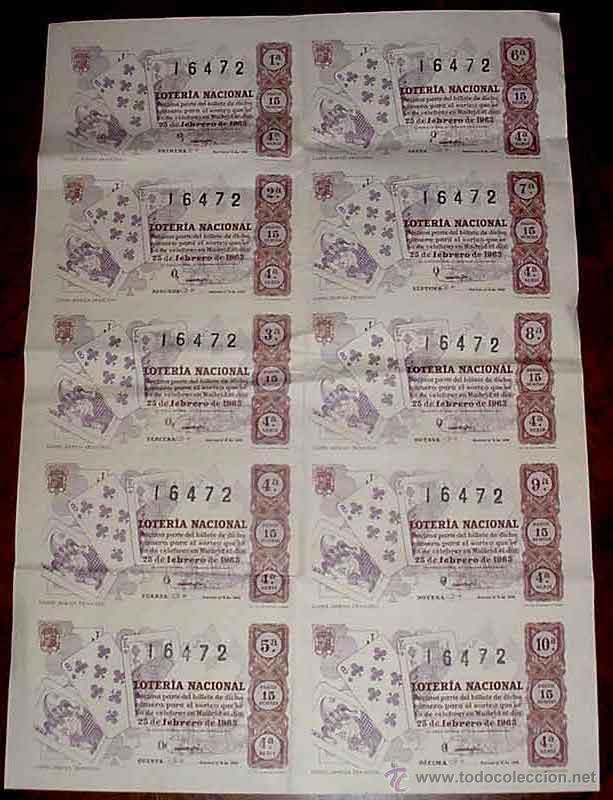 Lotteria Nationale Spagnola: ANTIGUO BILLETE DE LA LOTERIA NACIONAL SORTEO DE 25 FEBRERO 1963 CON 10 DECIMOS - MIDE 51 X 36 CMS.