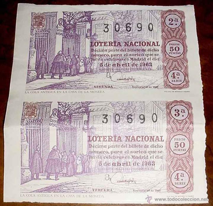 Lotaria Nacional: 2  ANTIGUOS DECIMOS DE LA LOTERIA NACIONAL SORTEO DE 5 DE ABRIL DE 1963 -  DE CONSERVACIO
