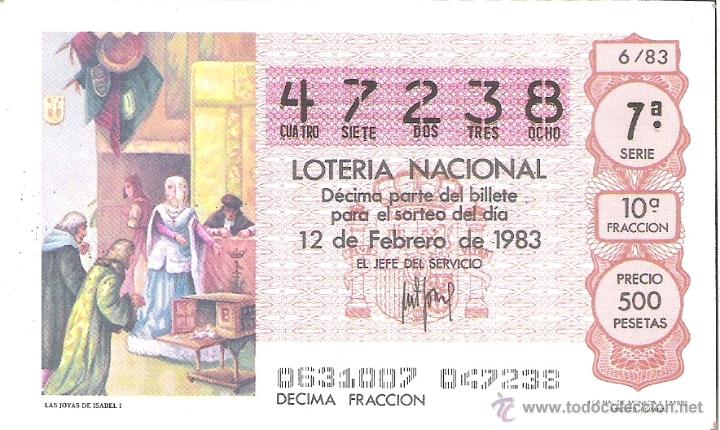 Loterie Nationale: 1 DECIMO LOTERIA DEL SABADO - 12 FEBRERO 1983 - 6/83 - LAS JOYAS DE ISABEL I ( REYES CATOLICOS )