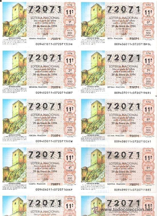 National Spanish Lottery: 1 BILLETE LOTERIA DEL SABADO - 29 ENERO 1994 - 9/94 - CASTILLO O ALCAZABA DE ALMERIA