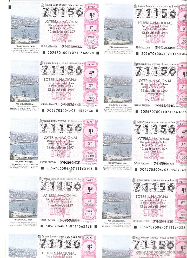 Lotteria Nationale Spagnola: 1 BILLETE LOTERIA DEL SABADO - 12 JULIO 1997 - 56/97 -PUERTO DE VIGO CAPITAL DE LA PESCA ( GALICIA )