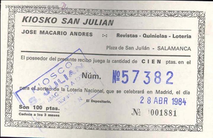 Loter&iacute;a Nacional: PARTICIPACION DE LOTERIA 1984 - KIOSKO SAN JULIAN - SALAMANCA