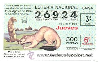 Loter&iacute;a Nacional: 10-6494. Loter&iacute;a del Jueves, sorteo n&ordm; 64 de 1994. Armi&ntilde;o