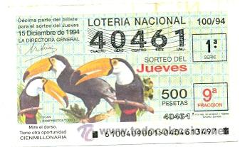 Lotteria Nationale Spagnola: 10-10094. Loter&iacute;a del Jueves, sorteo n&ordm; 100 de 1994. Aves. Tucan