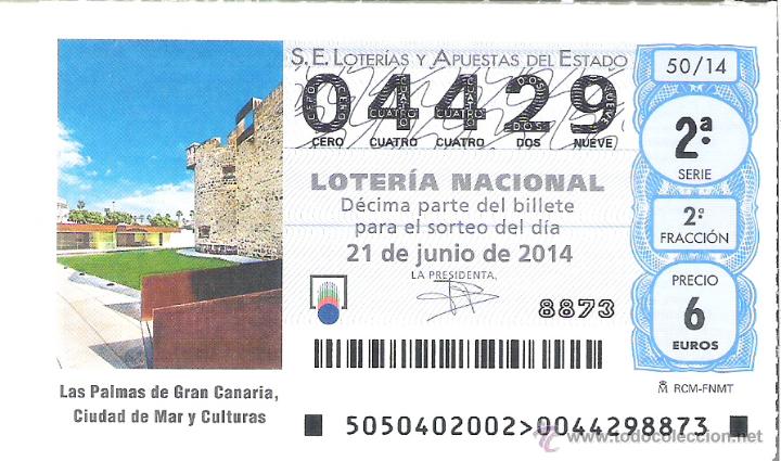 National Spanish Lottery: 1 DECIMO LOTERIA DEL SABADO - 21 JUNIO 2014 - 50/14 - LAS PALMAS DE GRAN CANARIA - CIUDAD DE MAR