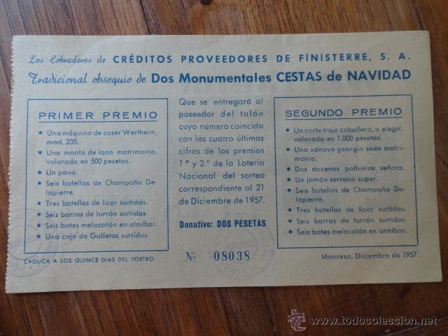 National Spanish Lottery: DECIMO BOLETO LOTERIA CREDITOS PROVEEDORES DE FINISTERRE PUBLICIDAD MAQUINA COSER WERTHEIM 1956