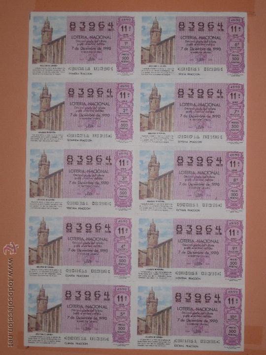 Nationale spanische Lotterie: LOTERIA NACIONAL.-1 BILLETE COMPLETO.-10 DECIMOS .-NUMERO 83964.- SORTEO 49 DE 1990.-(2)