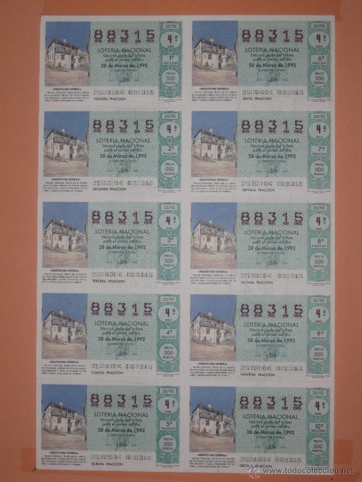 Nationale spanische Lotterie: LOTERIA NACIONAL.- BILLETE COMPLETO.-10 DECIMOS .-NUMERO 88315.- SORTEO 25 DE 1992.-(2)