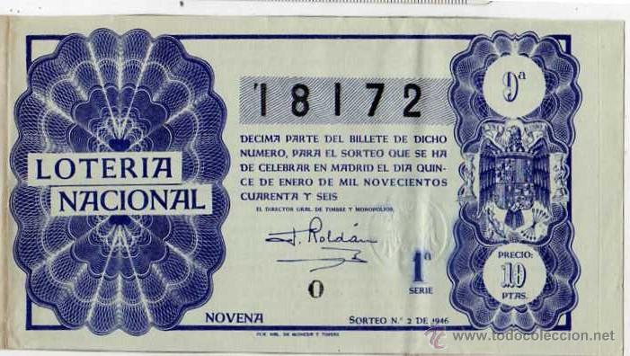 National Spanish Lottery: Decimo loteria Nacional. Sorteo n&ordm; 2 de 1946 15 de enero. Novena