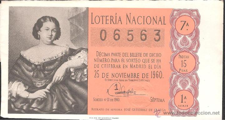 Lotaria Nacional: DECIMO LOTERIA NACIONAL 25 NOVIEMBRE DE 1960 SORTEO NUM. 33 SERIE 1