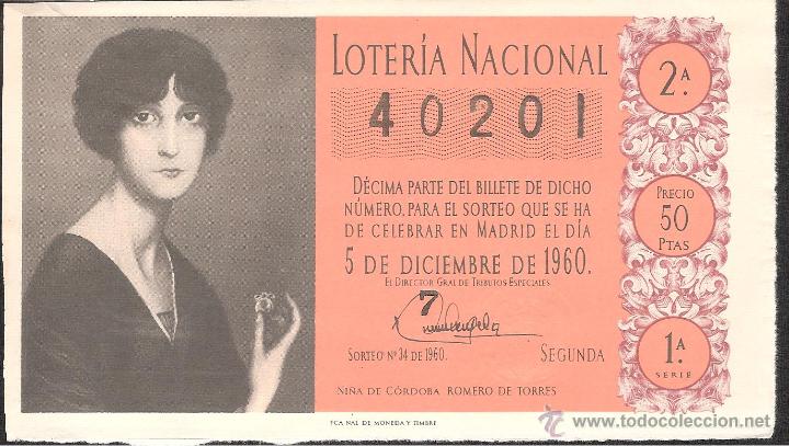 Lotaria Nacional: DECIMO LOTERIA NACIONAL 5 DICIEMBRE DE 1960 SORTEO NUM. 34 SERIE 1