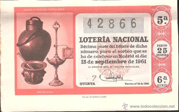 Lotaria Nacional: DECIMO LOTERIA NACIONAL 15 SEPTIEMBRE 1961 SORTEO NUM. 26 SERIE 6