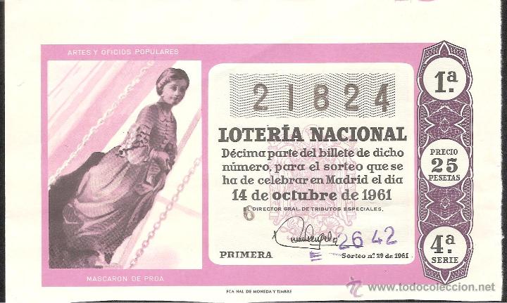 Lotaria Nacional: DECIMO LOTERIA NACIONAL 14 OCTUBRE 1961 SORTEO NUM. 29 SERIE 4