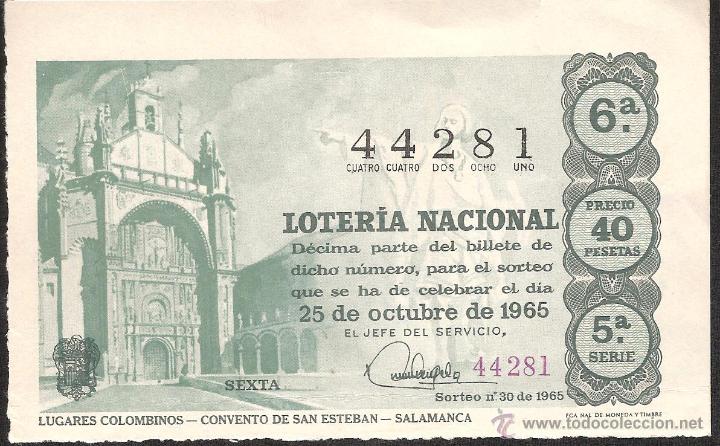 Lotaria Nacional: DECIMO LOTERIA NACIONAL 25 OCTUBRE 1965 SORTEO NUM. 30 SERIE 5 SALAMANCA