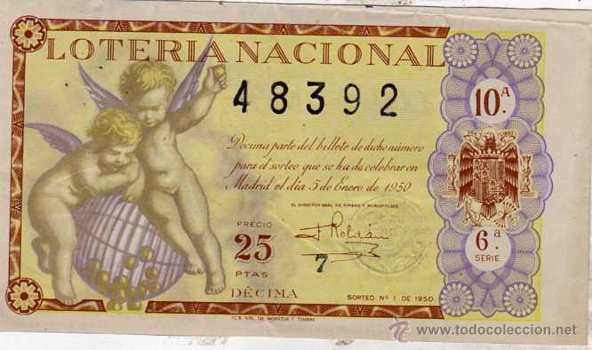 National Spanish Lottery: LOTERIA NACIONAL. 1950. D&Eacute;CIMO SORTEO N&ordm; 1 del 5 de enero