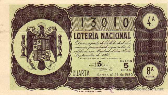 National Spanish Lottery: LOTERIA NACIONAL. 1950. D&Eacute;CIMO SORTEO N&ordm; 27
