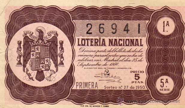 National Spanish Lottery: LOTERIA NACIONAL. 1950. D&Eacute;CIMO SORTEO N&ordm; 27