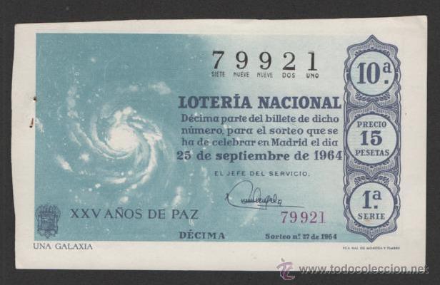 National Spanish Lottery: ANTIGUO DECIMO LOTERIA NACIONAL 25 SEPTIEMBRE 1964