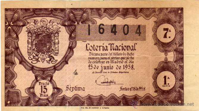 National Spanish Lottery: DECIMO DE LOTERIA SORTEO 18 DE 1958