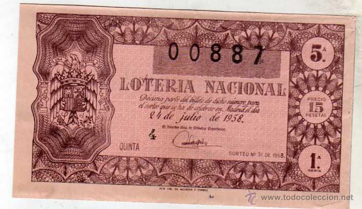 National Spanish Lottery: DECIMO DE LOTERIA SORTEO 21 DE 1958