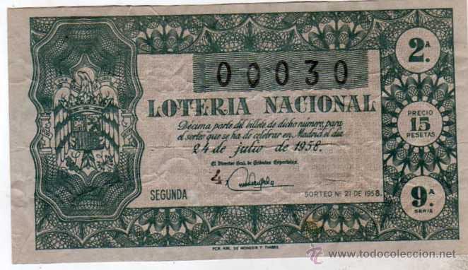 National Spanish Lottery: DECIMO DE LOTERIA SORTEO 21 DE 1958