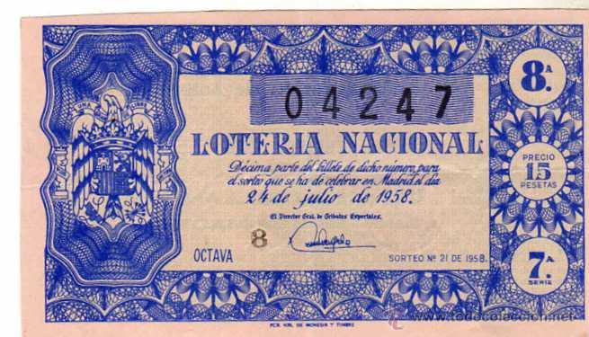 Loterie Nationale: DECIMO DE LOTERIA SORTEO 21 DE 1958