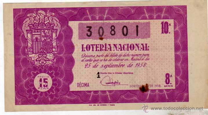 Loter&iacute;a nacional: DECIMO DE LOTERIA SORTEO 27 DE 1958