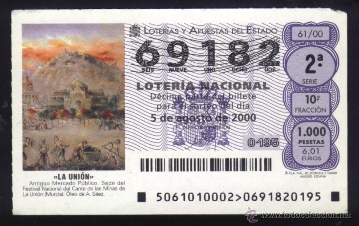 Loter&iacute;a nacional: MU-0250- DECIMO DE LOTERIA NACIONAL. ANTIGUO MERCADO PUBLICO. LA UNI&Oacute;N (MURCIA)