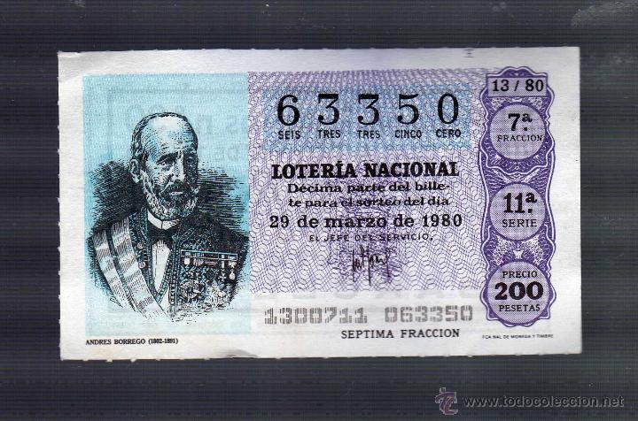 Loter&iacute;a nacional: D&Eacute;CIMO DE LOTER&Iacute;A NACIONAL &middot; 29 DE MARZO DE 1980 - N&ordm; 63350 - Andr&eacute;s Borrego (1802-1891)