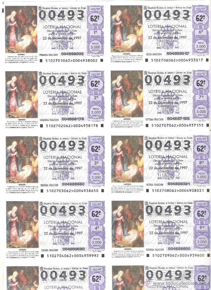 Nationale spanische Lotterie: 1 BILLETE LOTERIA DEL SABADO -22 DICIEMBRE 1997 - 102/97 NAVIDAD - CATEDRAL DE LA LAGUNA ( TENERIFE