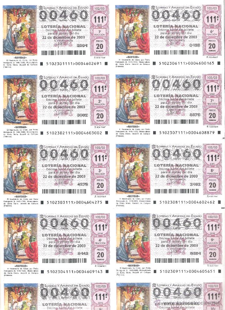 Loterie Nationale: 1 BILLETE LOTERIA SABADO 22 DICIEMBRE 2003 - 102/03 - NAVIDAD - BECERRIL DE CAMPOS (PALENCIA