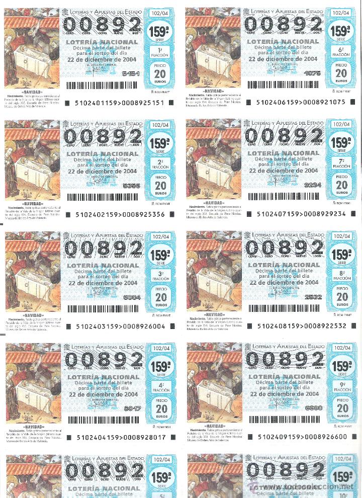 National Spanish Lottery: 1 BILLETE LOTERIA DEL SABADO - 22 DICIEMBRE 2004 - 102/04 - NAVIDAD (RETABLO MUSEU DE VALENCIA)