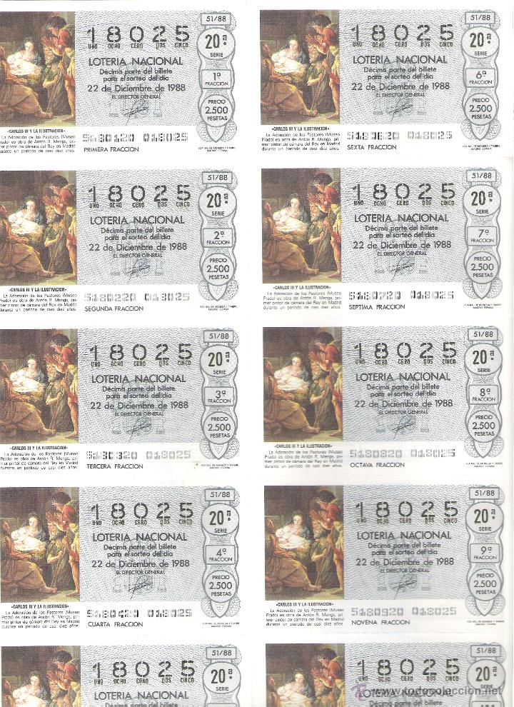 Nationale spanische Lotterie: 1 BILLETE LOTERIA DEL SABADO - 22 DICIEMBRE 1988 - 51/88 - NAVIDAD - ADORACION PASTORES ( EL PRADO )