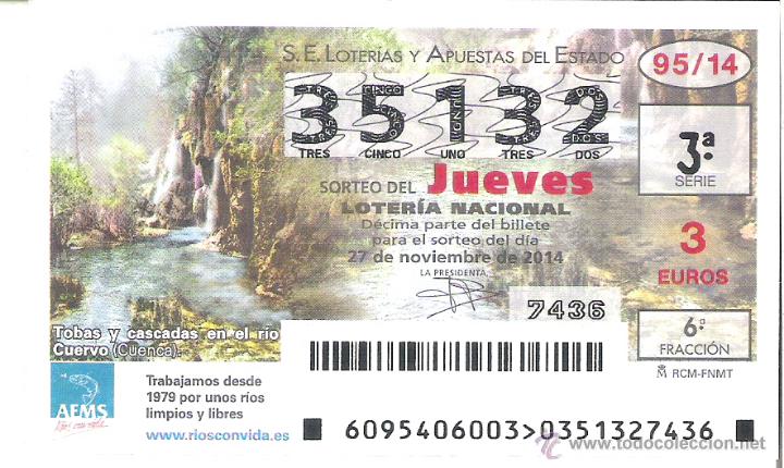 Loterie Nationale: 1 DECIMO LOTERIA DEL JUEVES - 27 NOVIEMBRE 2014 - 95/14 - RIO CUERVO ( CUENCA )