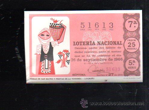 Nationale spanische Lotterie: BILLETE DE LOTERIA NACIONAL. SORTEO NUMERO 27 DE 1966.