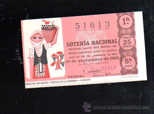 Nationale spanische Lotterie: BILLETE DE LOTERIA NACIONAL. SORTEO NUMERO 27 DE 1966.