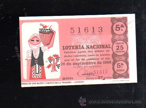 Nationale spanische Lotterie: BILLETE DE LOTERIA NACIONAL. SORTEO NUMERO 27 DE 1966.